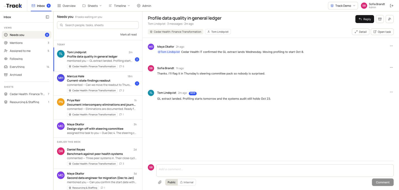 The Track Inbox: eight items waiting, grouped by Today and Earlier this week, with Tom Lindqvist's mention on 'Profile data quality in general ledger' open in the reading pane.
