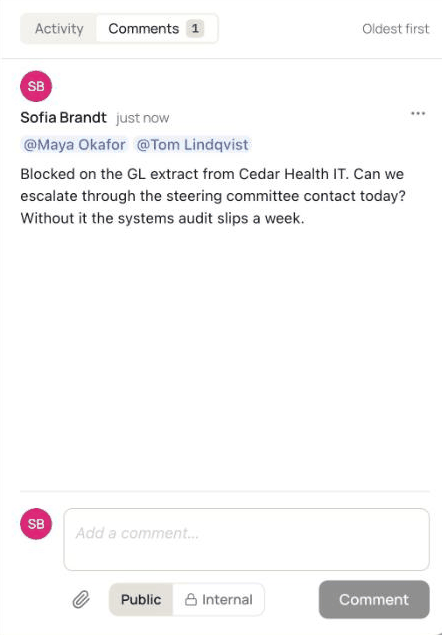Comments arriving live on a blocked Track task: Maya, Tom, Priya and Daniel reply in turn, each @mentioning the next person.